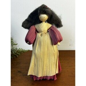 Vintage Folk Art Corn Husk Doll Woman In Pink Dress And Dark Hair